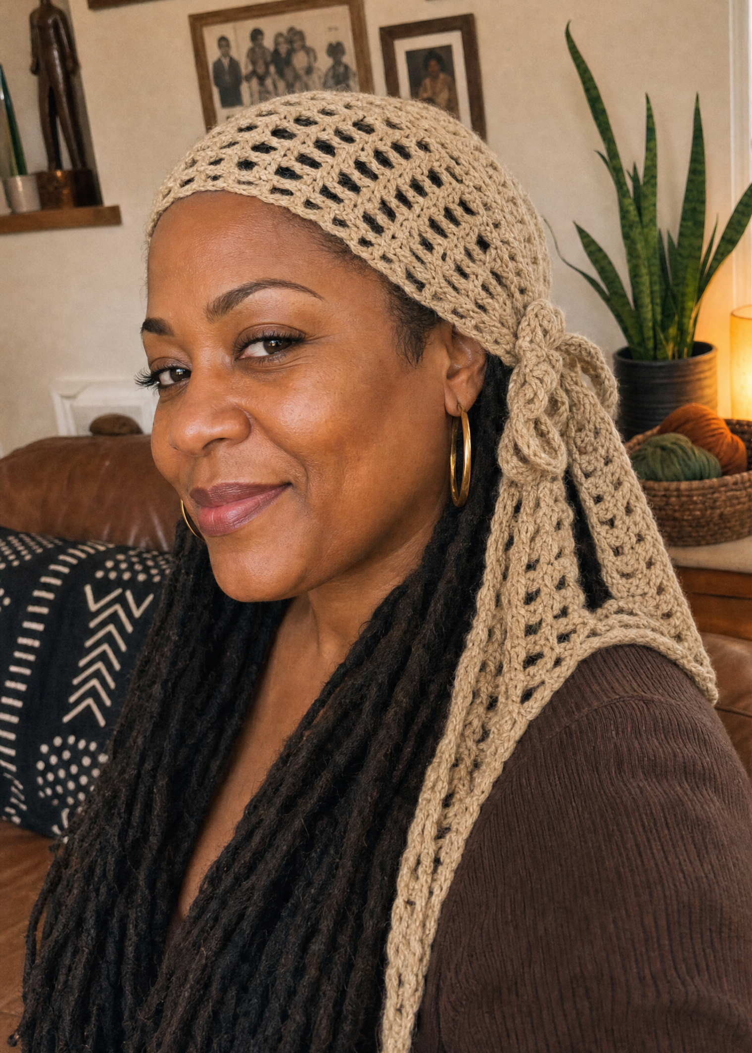 A woman wearing a beige crocheted head covering with long hanging ties, shown in a home interior setting with framed wall art and a plant in the background.